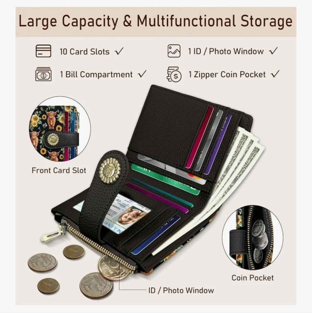 Floral RFID-Blocking Wallet Case - Black Brown Cow Sunflower